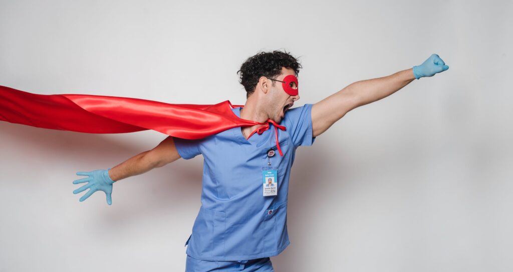 expressive doctor in superhero costume
