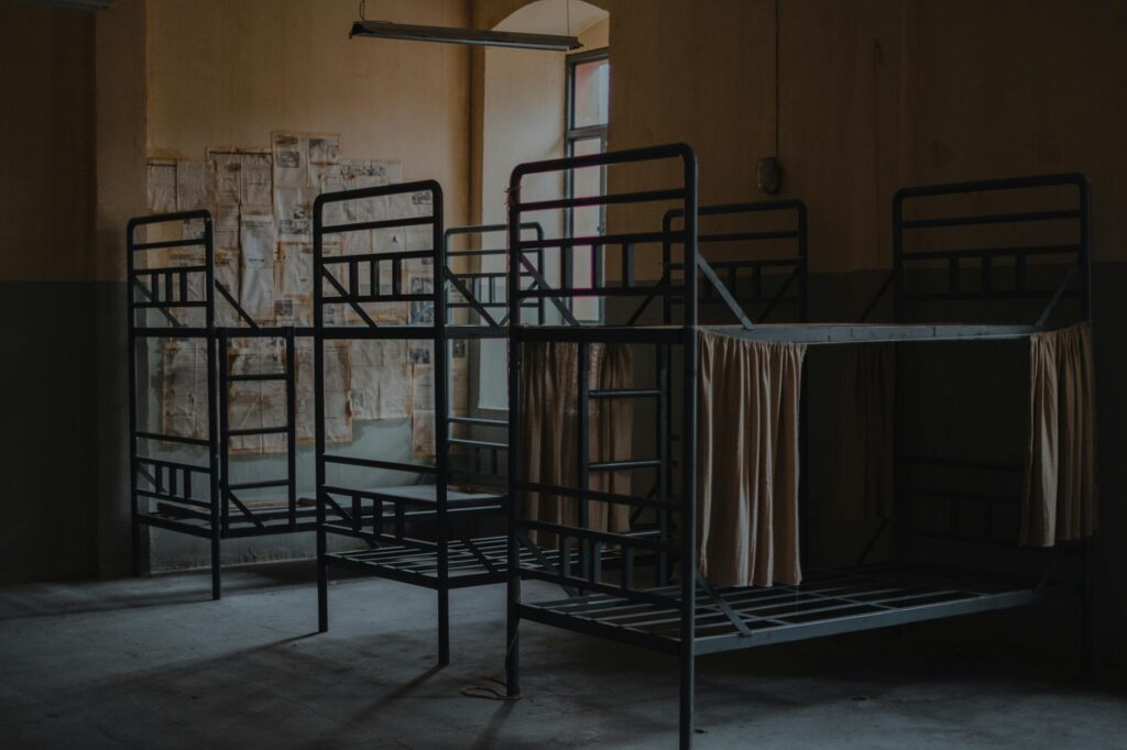 bunk beds in abandoned building