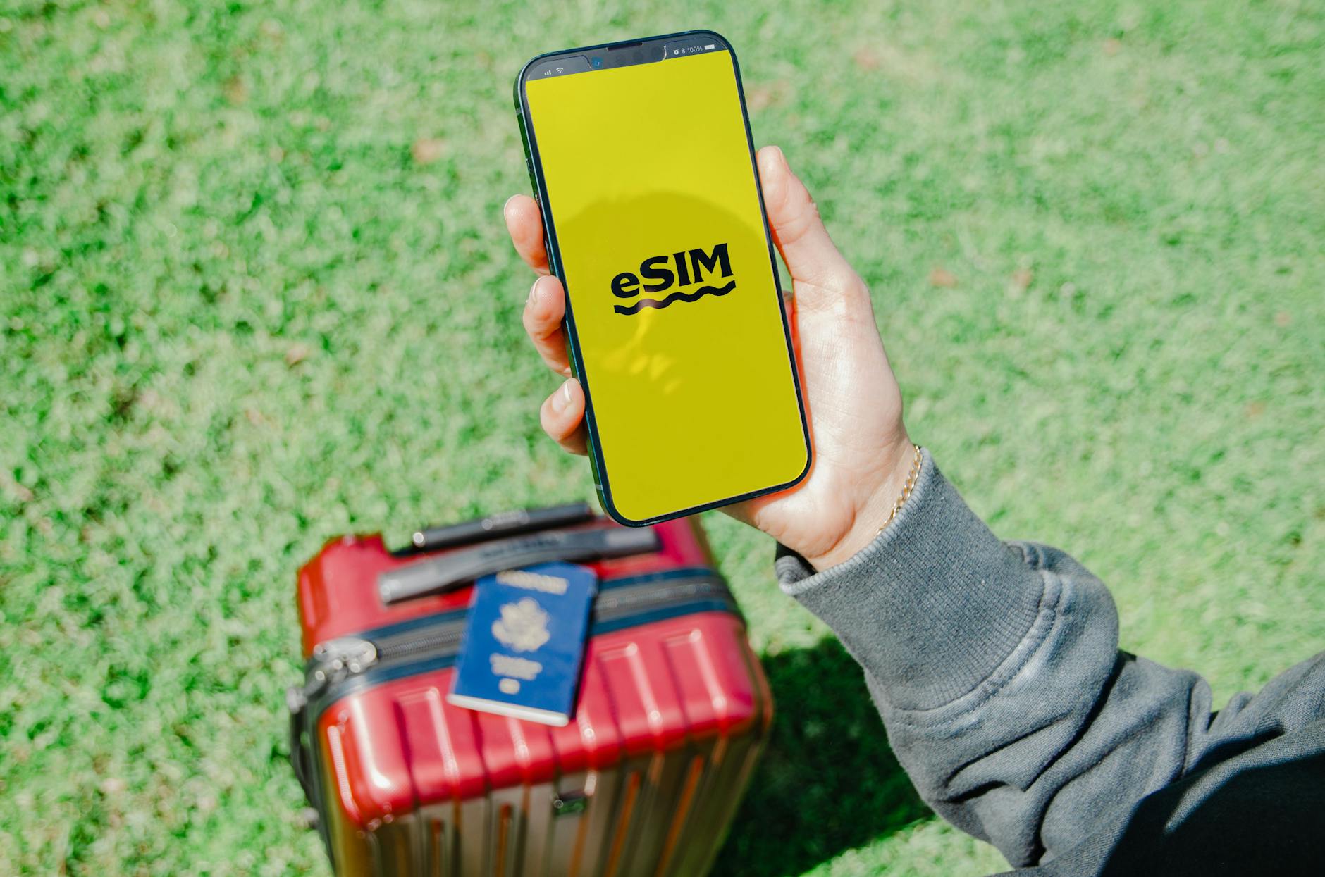 man with suitcase holding a smart phone